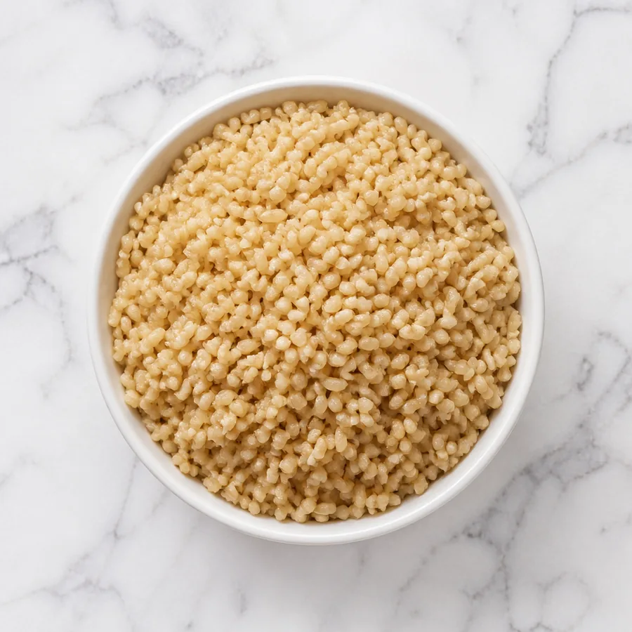 Cooked brown rice in a white bowl