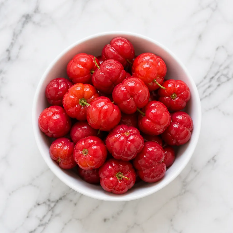 Fresh acerola cherries in a white bowl