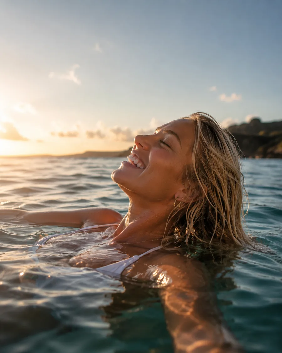 Woman relaxing in ocean water at sunset with radiant, healthy skin